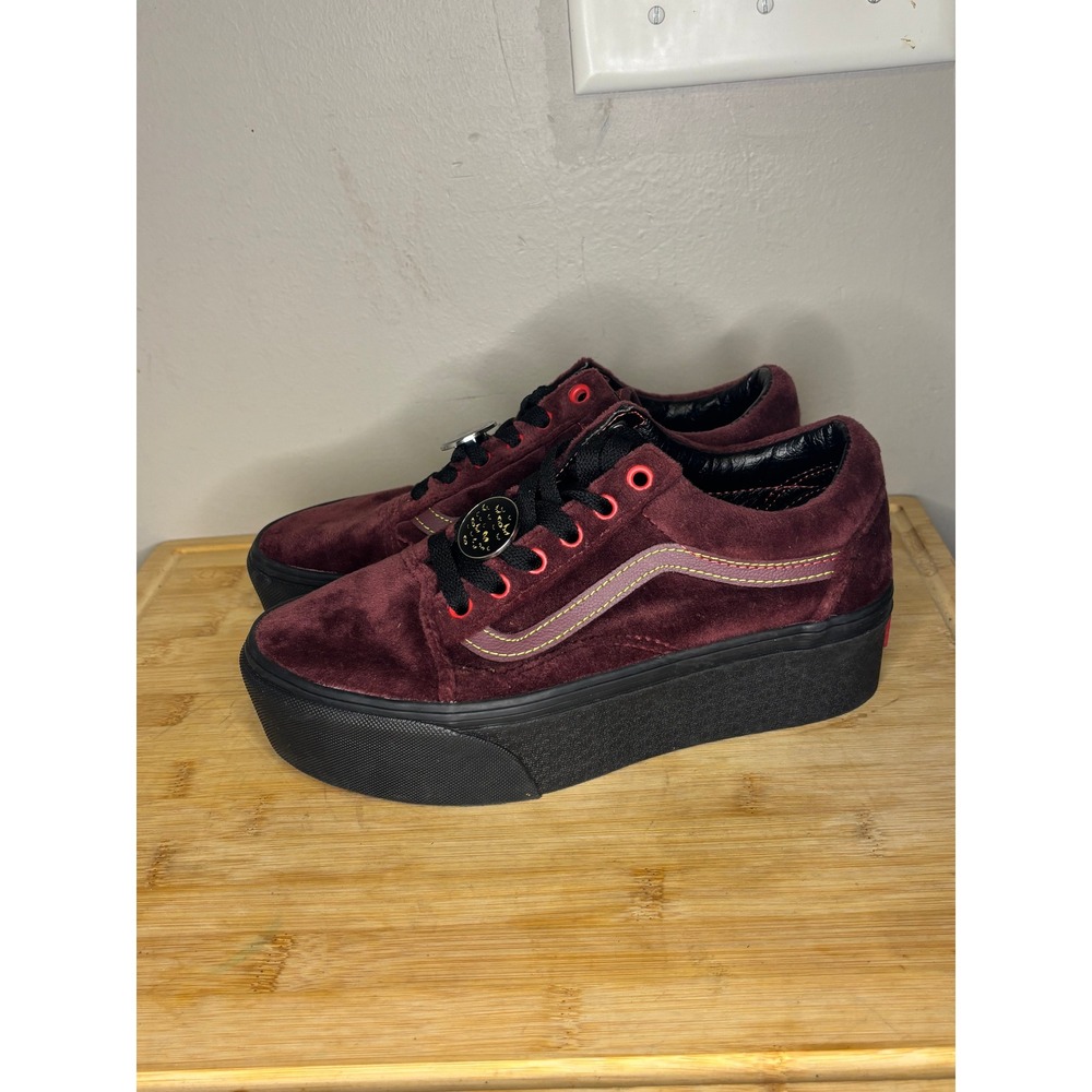 Disney Vans Old Skool Stacked Evil Queen Burgundy Velvet Platform Sneakers